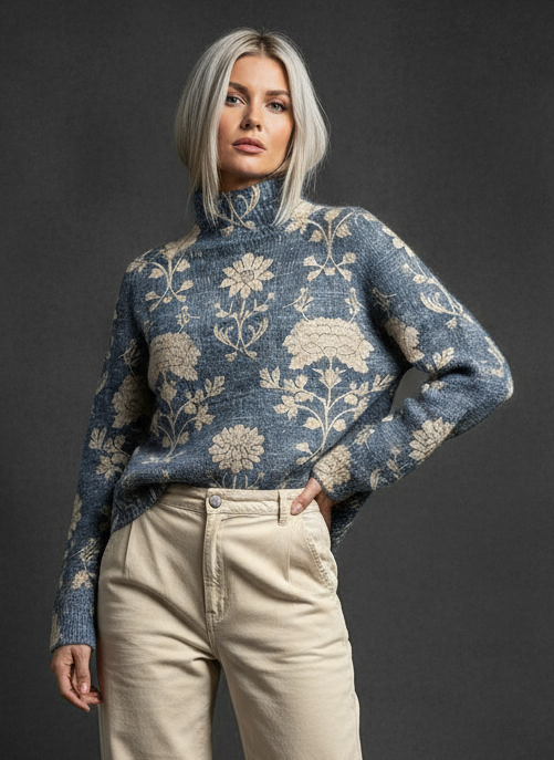 JERSEY DE CUELLO ALTO FLORAL AZUL VINTAGE