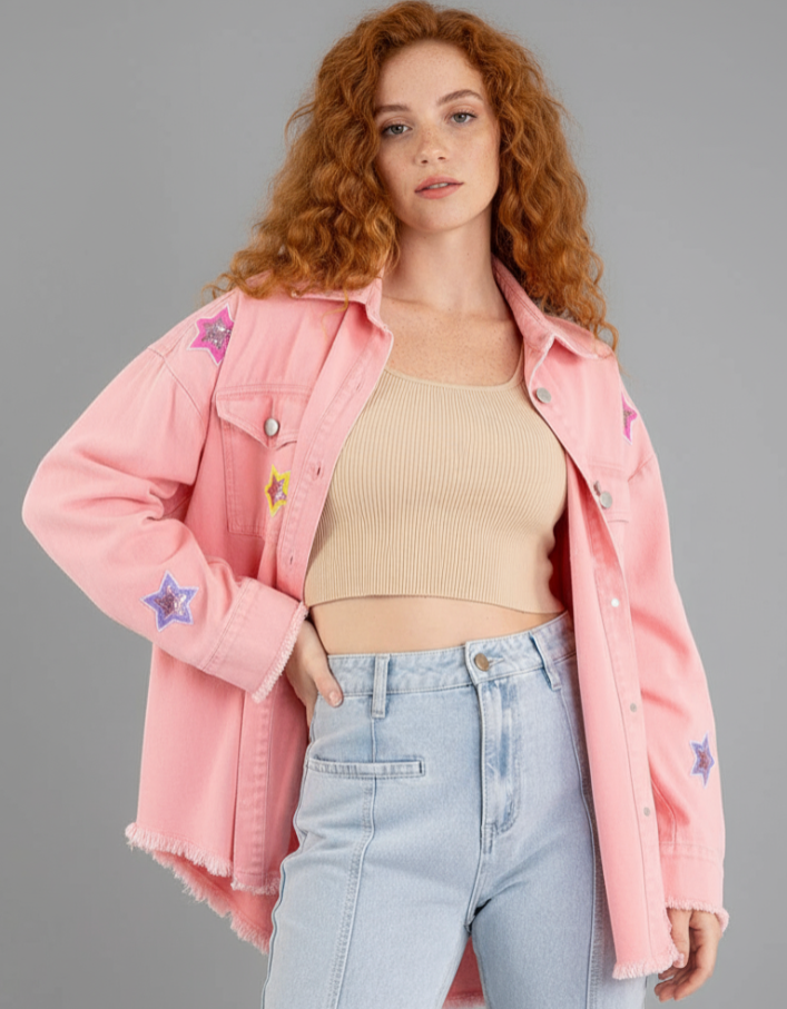 STAR DENIM PINK| CHAQUETA OVERSIZE CON BORDADOS