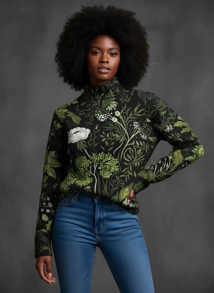 JERSEY DE CUELLO ALTO VERDE FLORAL